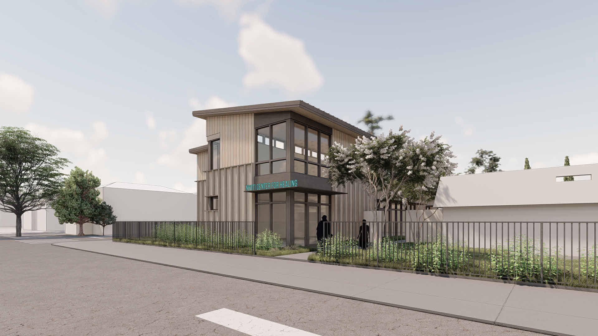 Architect's rendering of the Nyoti Center for Restoration and Healing, seen from the corner of 55th Avenue in Oakland